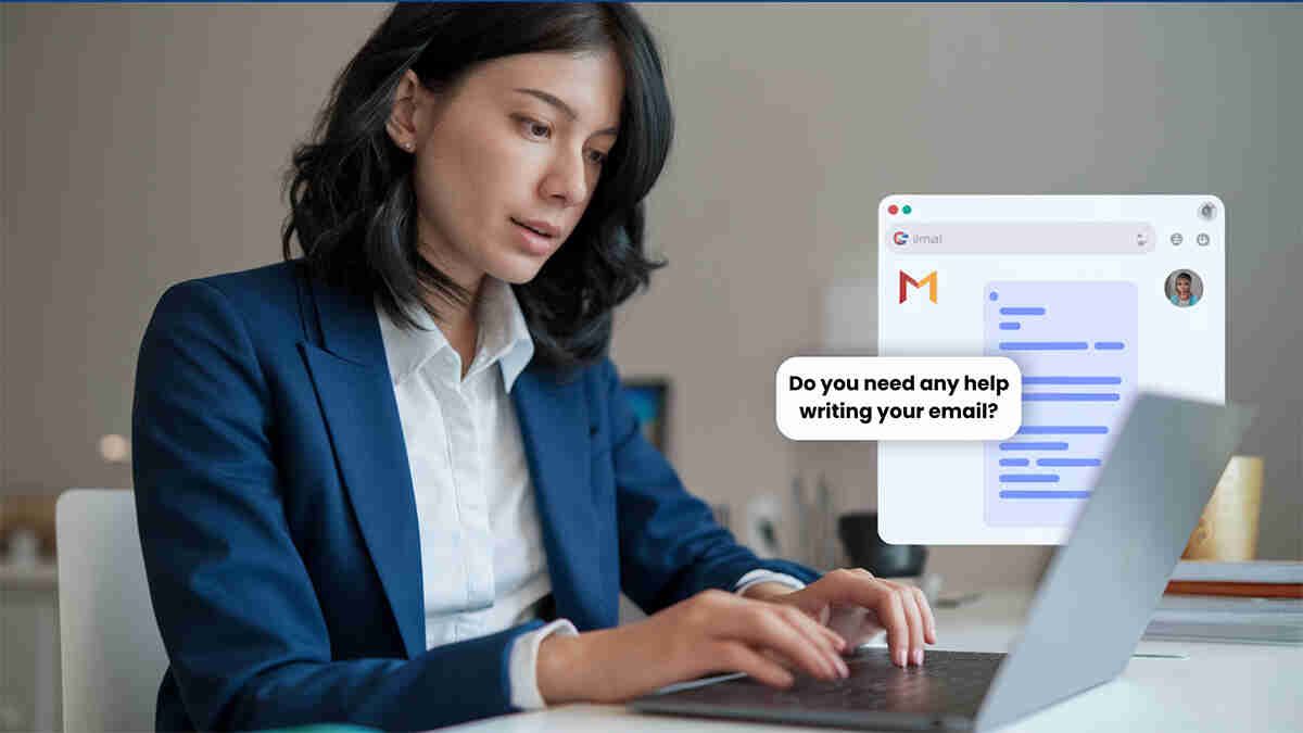 A woman composing an email using AI assistance in an office 