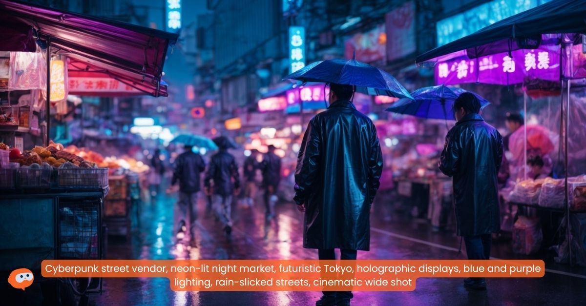 Cyberpunk street vendor, neon-lit night market, futuristic Tokyo