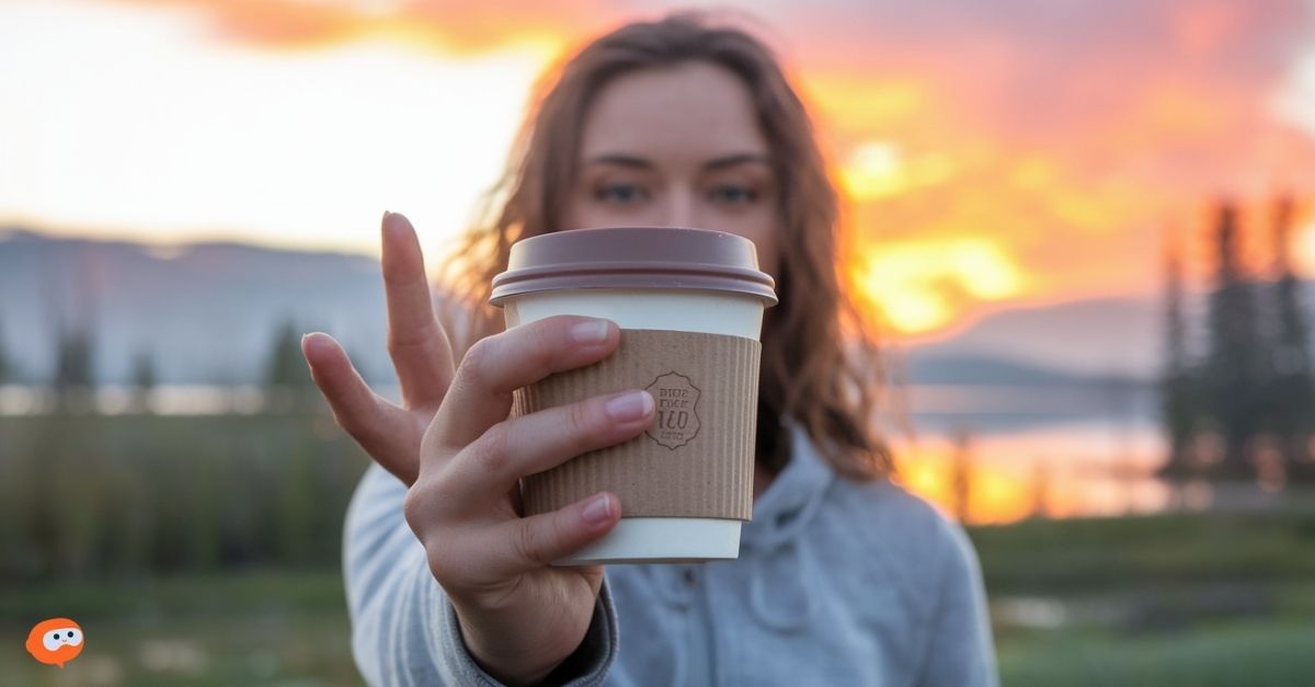 woman holding a coffee cup at sunrise, having abnormal fingers
